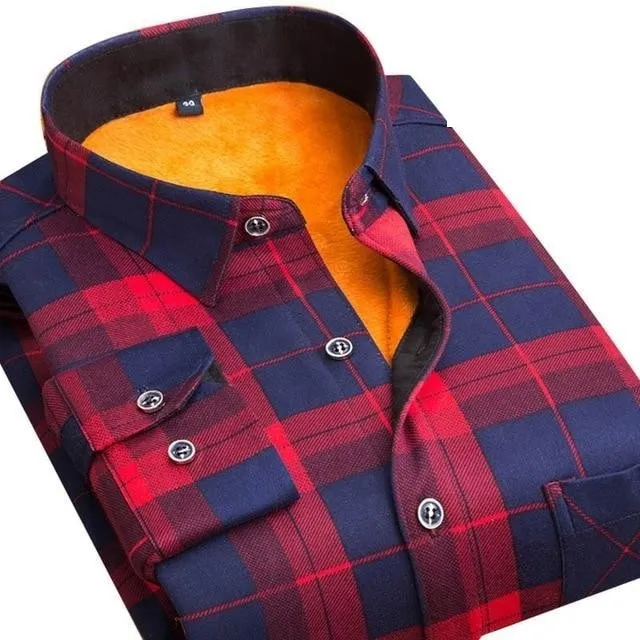 Autumn and Winter Wear Warm Slim Fit Plaid Men's Shirts in 24 Colors