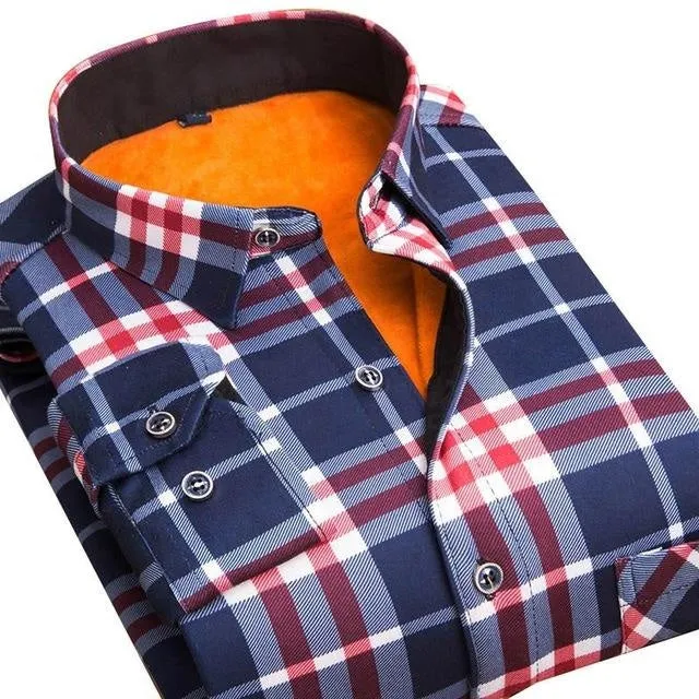 Autumn and Winter Wear Warm Slim Fit Plaid Men's Shirts in 24 Colors