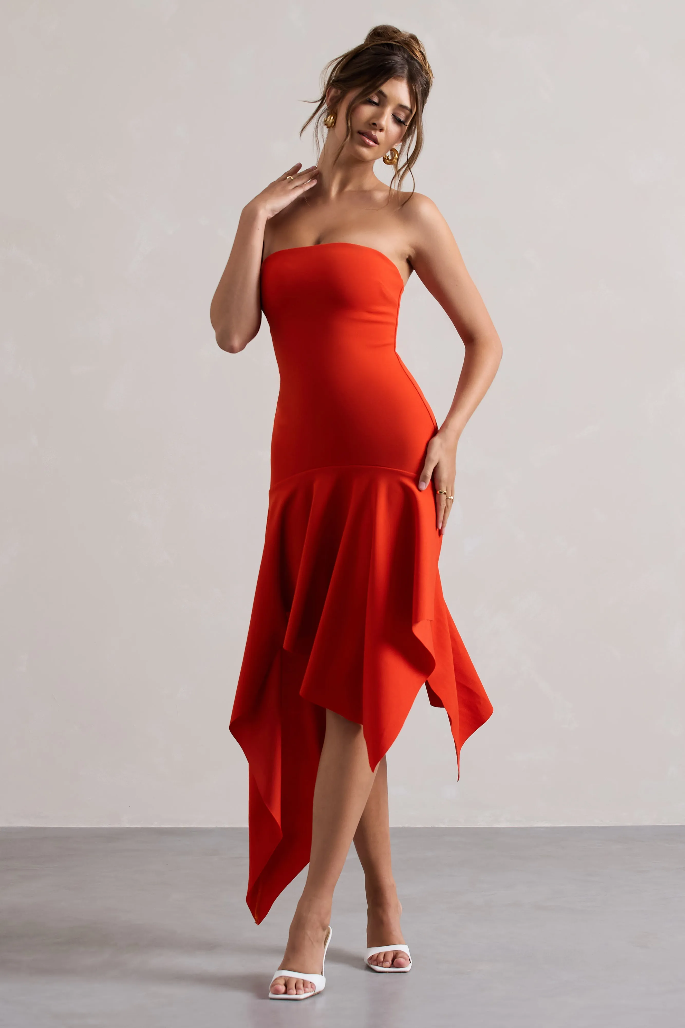 Catalina | Robe longue orange bandeau avec ourlet drapé