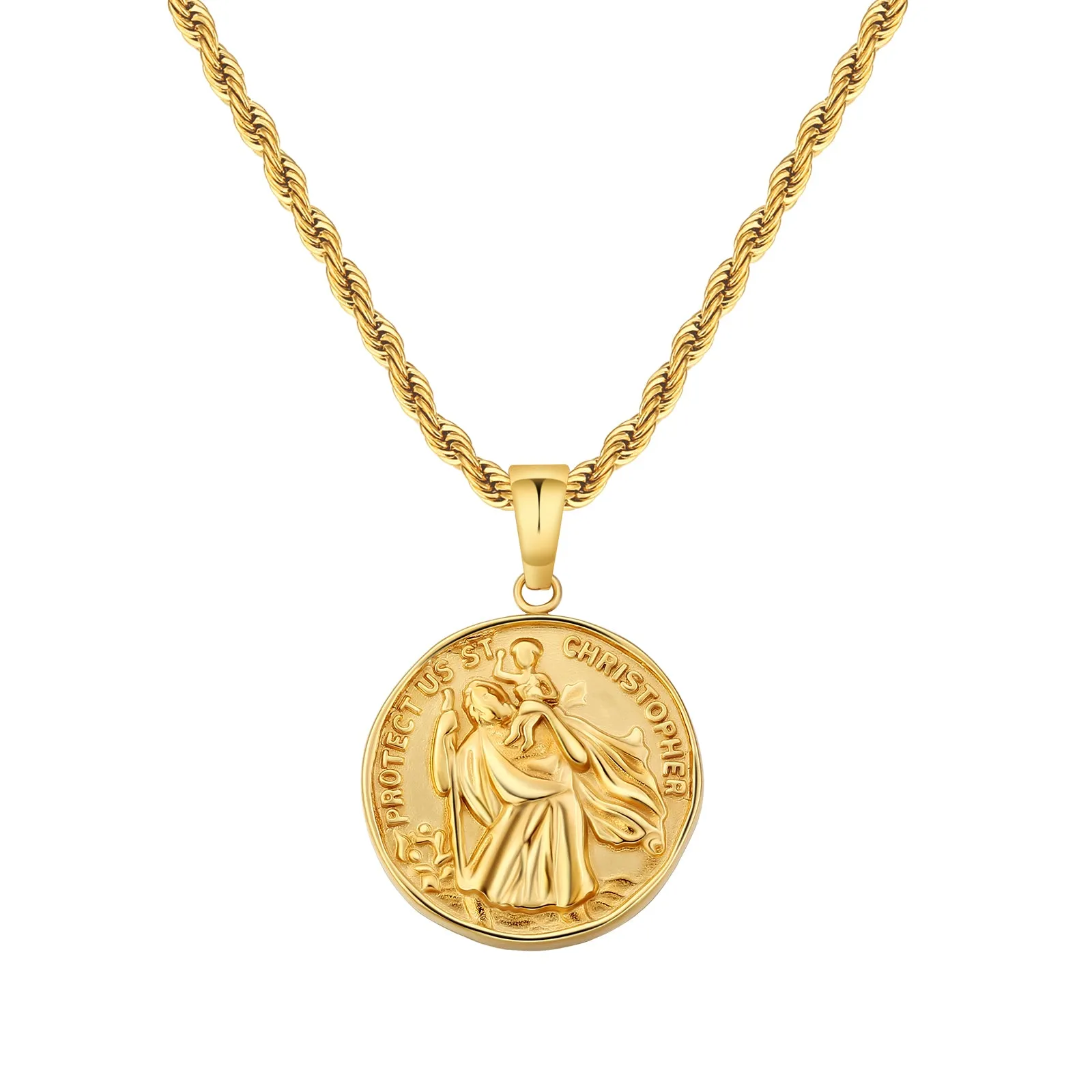 St Christopher Gold Coin Pendant Necklace with Rope Chain for Men